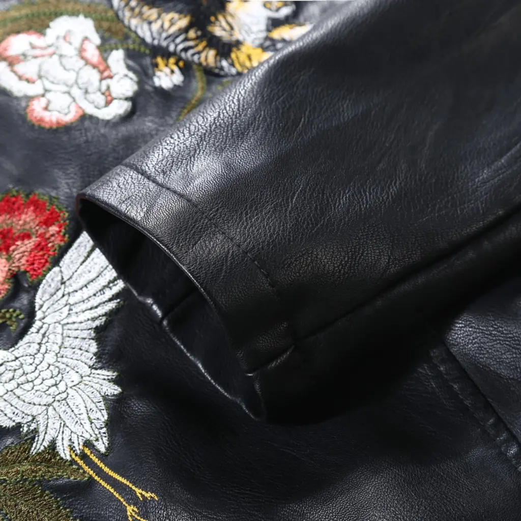 

Women's Slim-fit Short Embroidered Leather Jacket Lapel Motorcycle Coat European American Style Fashion
