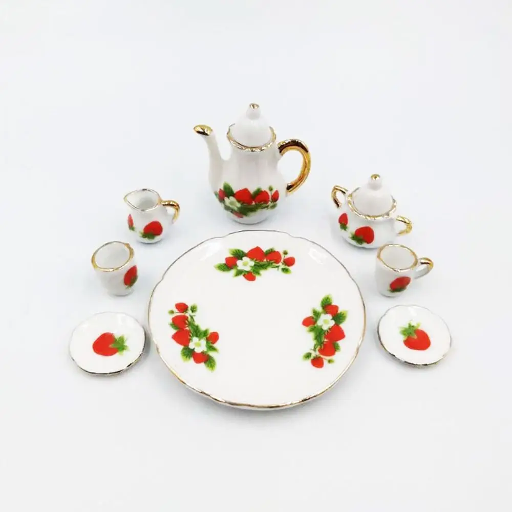 Blumendruck Puppenhaus Geschirr Geschirr Rosa Rose Puppe Porzellan Tee-Set Teller Teller 1:12 Miniatur Tassen Topf Rollenspiel