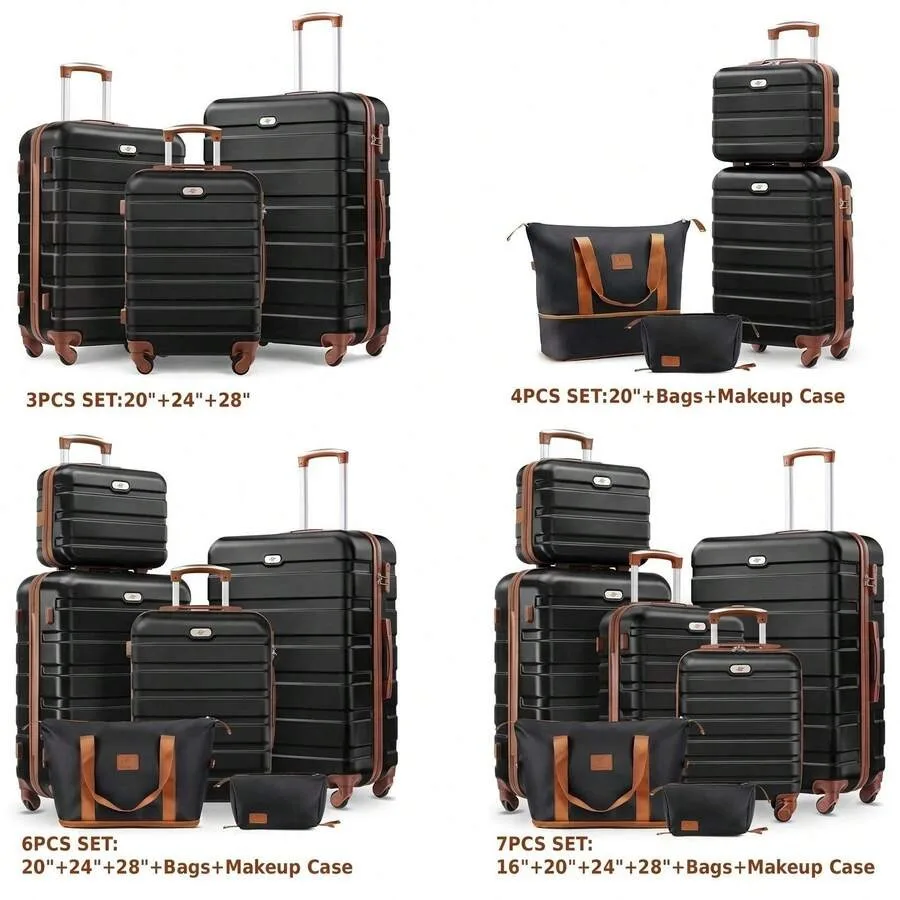 Large Capacity ABS Hardside Luggage Set, 16/20/24/28 Inch Spinner Suitcases + 2 Travel Bags + 1 Cosmetic Case, 7-Piece Set For