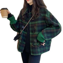 New Lattice Woolen Coat Women Spring Autumn Bat Sleeves Cowhorn Button Wool Coat Korean Loose Slim Short Jacket Female Outerwear