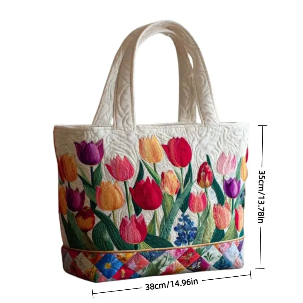 Vintage Women Quilted Tote Bag 2D Realistic Patterns Cotton Canvas Shoulder Bag Lightweight Large Capacity Shopping Bag image 6
