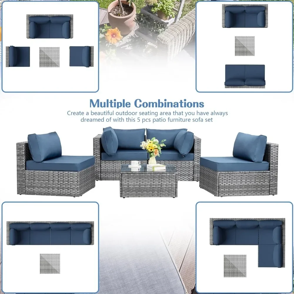 5 Pieces Outdoor Patio Sectional Sofa Couch, Silver Gray PE Wicker  Conversation Sets with Washable Cushions Garden Sofas