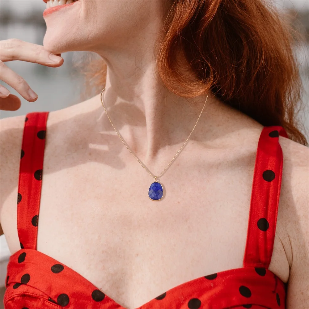 Natural Stone Hexagonal Column Pendant Necklace Lapis Lazuli Stone Charm Necklaces Gold Color Chain Necklace for Women Jewelry