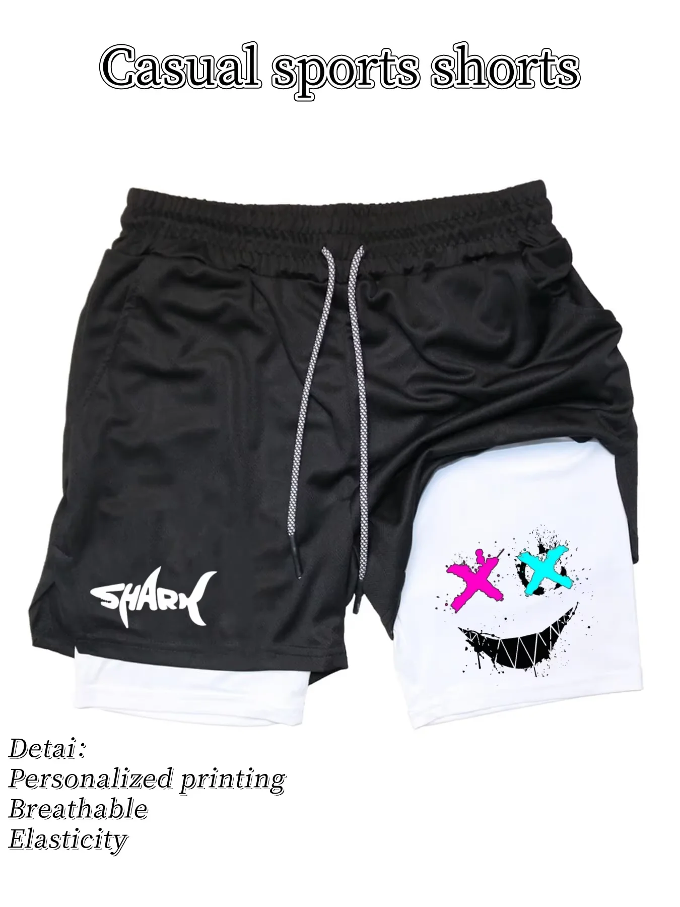 Лето 2029, мужские двухслойные тренировочные шорты для бега, шарнирная акула, графический принт, регулируемый шнурок на талии, спортивный тренажерный зал HX0041
