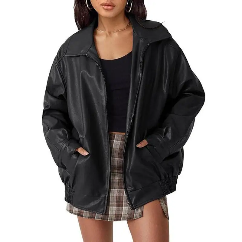 Women's Oversized Faux Suede Leather Jackets Fall Fashion Long Sleeve Zipper Closure Casual Stylish Ladies' Coat