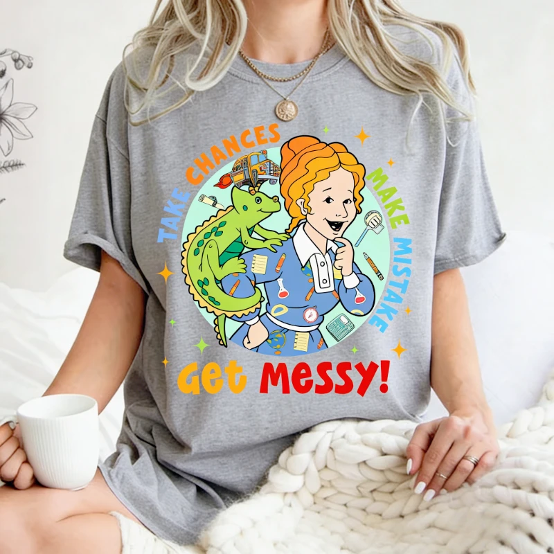 Ms Frizzle The Magic School Bus Cotton T-shirts Take Chances Make Mistakes Get Messy Cute Fairy Tale Printed O-neck Girls Tops