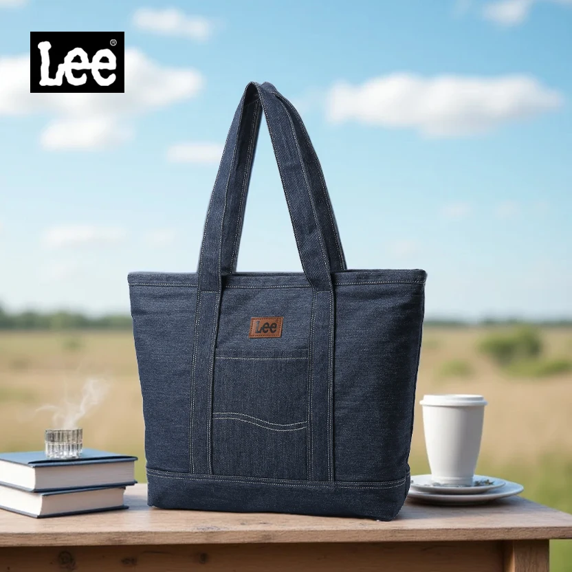 LEE Unisex Utility Canvas Leather Zipper Tote Bag Casual Denim