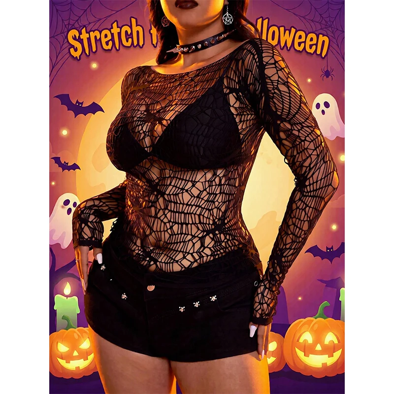 Women Top Long Sleeves See Halloween  Through Hollow Out Fishnet Beach Cover Up , Sheer Mesh Festival Swimwear for Women Summer