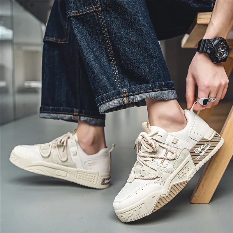 Fashion Beige Skateboarding Shoes For Men Street Platform Casual Men's Skateboard Shoes Comfortable Breathable Sports Shoes Man