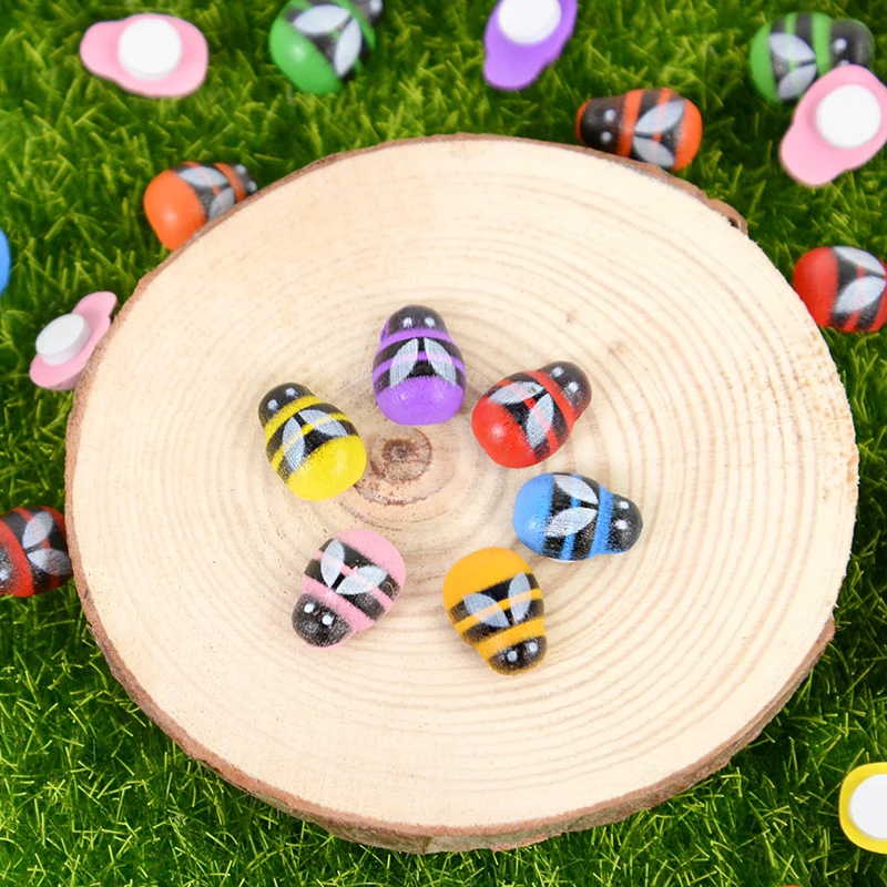 100pcs Mini Wood Bee Ladybug Colorful Ladybird with Glue DIY Craft Micro Landscape Ornament Kid Handmade Accessories Party Decor