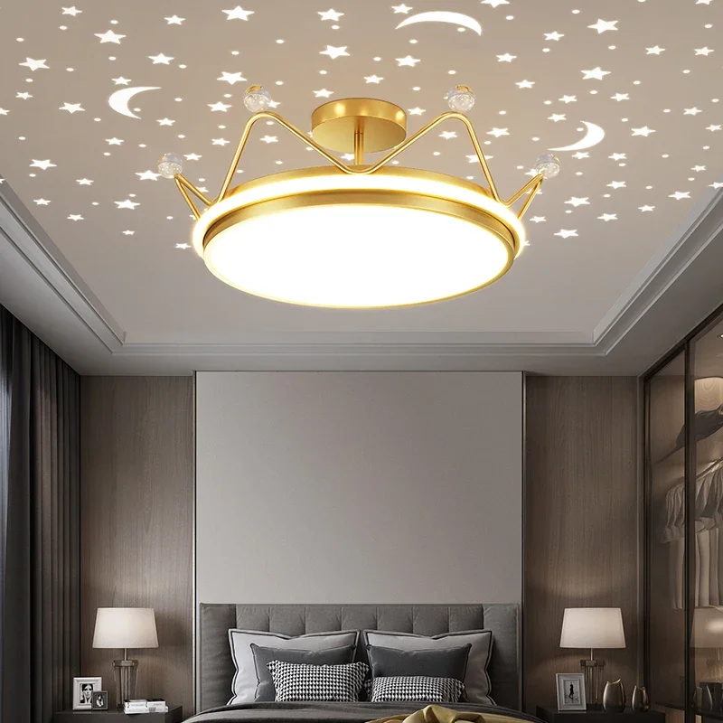 Lámpara de araña de corona de princesa, luz nocturna estrellada, colgante de luna de estrella regulable, lámpara de techo de estudio para dormitorio de niños, decoración de habitación de niñas