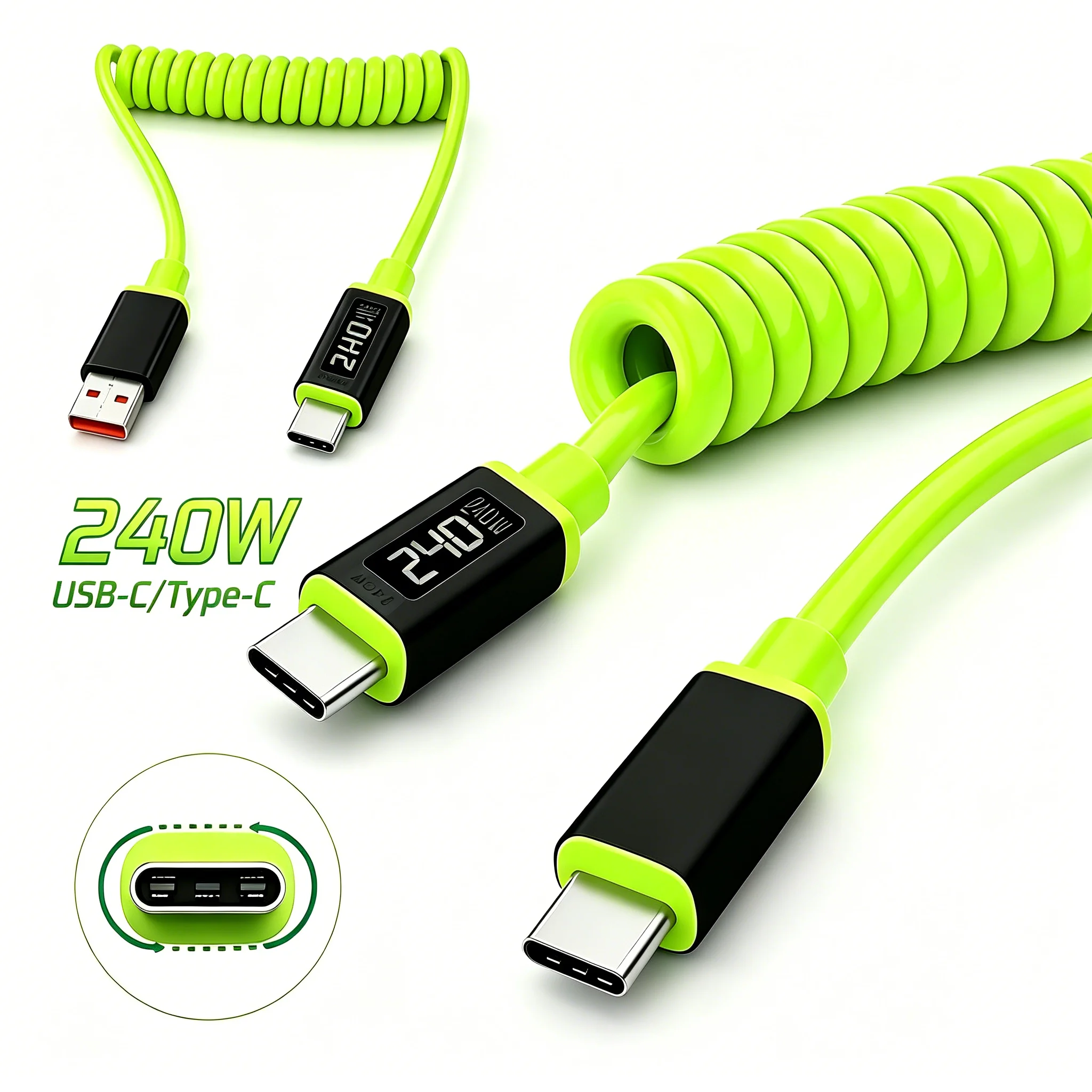 Spiralförmiges Typ-C-Ladekabel, 240 W PD, Hochleistungs-Schnellladung, verdicktes USB-C-Ladekabel für iPhone, Samsung, Xiaomi, POCO