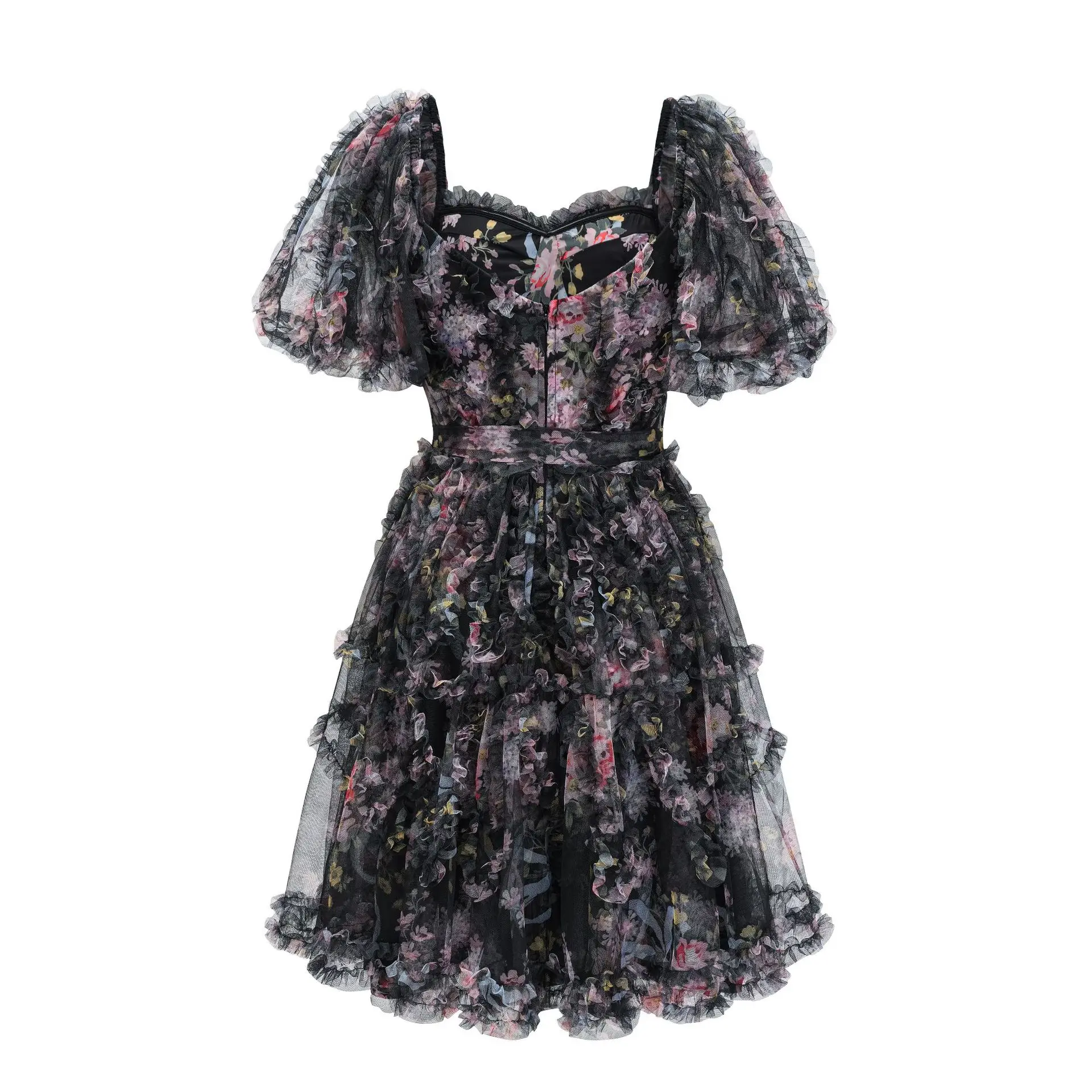 Top Brand Mesh Wood Ear Edge Dresses For Women Square Collar High Waist Short Sleeve Elegant Dress Female Spring 2024 New