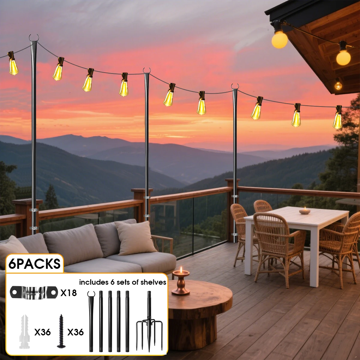 

10Ft Heavy Duty Metal String Light Poles, Rustproof & Sturdy with Hooks Adjustable Outdoor Lighting Stand for Patio Garden Party