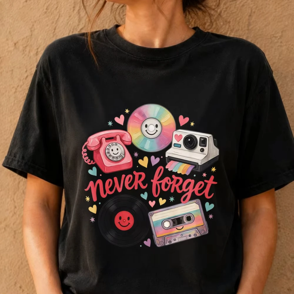 Never Forget Shirt Cute Retro Vinyl Graphic Tshirt Retro Nostalgic 90s Shirt Funny Vintage Graphic Tees Cassette Tape Phone Tops