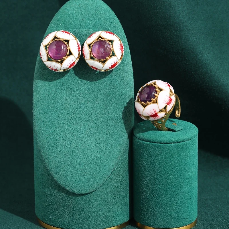 

Vintage Crystal Lutos Jewelry Sets For Woman Oval Pink Stud Earrings Purple Ring White Enamel Brand Quality Wedding Accessories