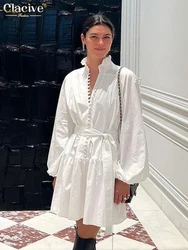 Clacive Fashion Loose White Cotton Dress Casual Stand Collar Puff Sleeve Mini Dress Elegant Lace-Up Pleated Dresses For Women