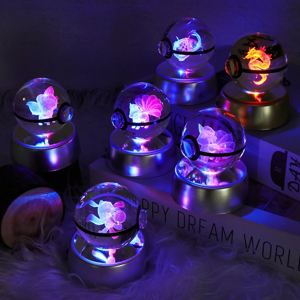 Pokemon 3D Crystal Ball Lamp Figures Toy Gengar Ditto Gyarados Charmander Alolan Vulpix Colorful Night Light  Model Doll Gifts