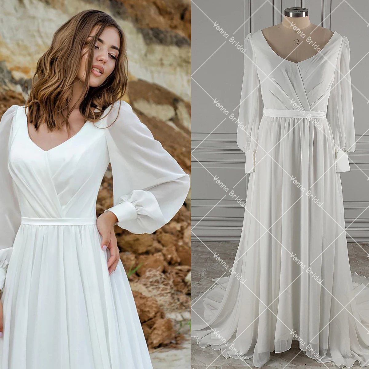 Vestido de noiva de chiffon com decote redondo, mangas compridas, saia forrada fluida, espartilho com zíper, vestidos de noiva simples personalizados