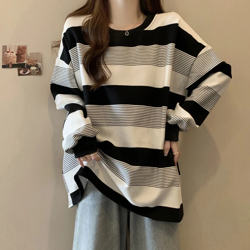 Vintage Striped Thin Hoodies Sweatshirts Spring Autumn Long Sleeve Loose Lazy Style Pullovers Top Casual Fashion Women Clothing