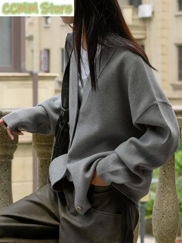 Szary duży rozmiar elegancki sweter dziergany sweter luźny krój dekolt w serek z długim rękawem kobiety nowa moda wiosna jesień