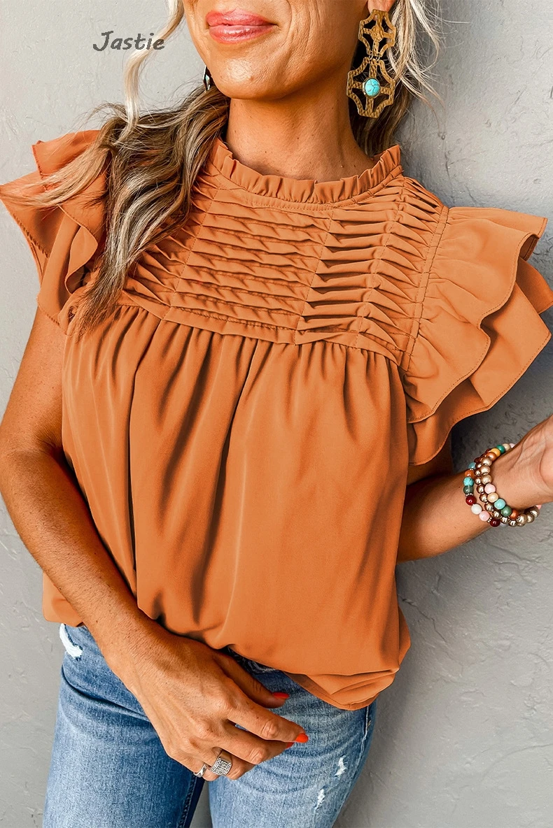 

2024 Summer New Fashion Pleated Stand Collar Pullover Tops Women's Casual Solid Color Ruffled Three-quarter Sleeve Shirt Top