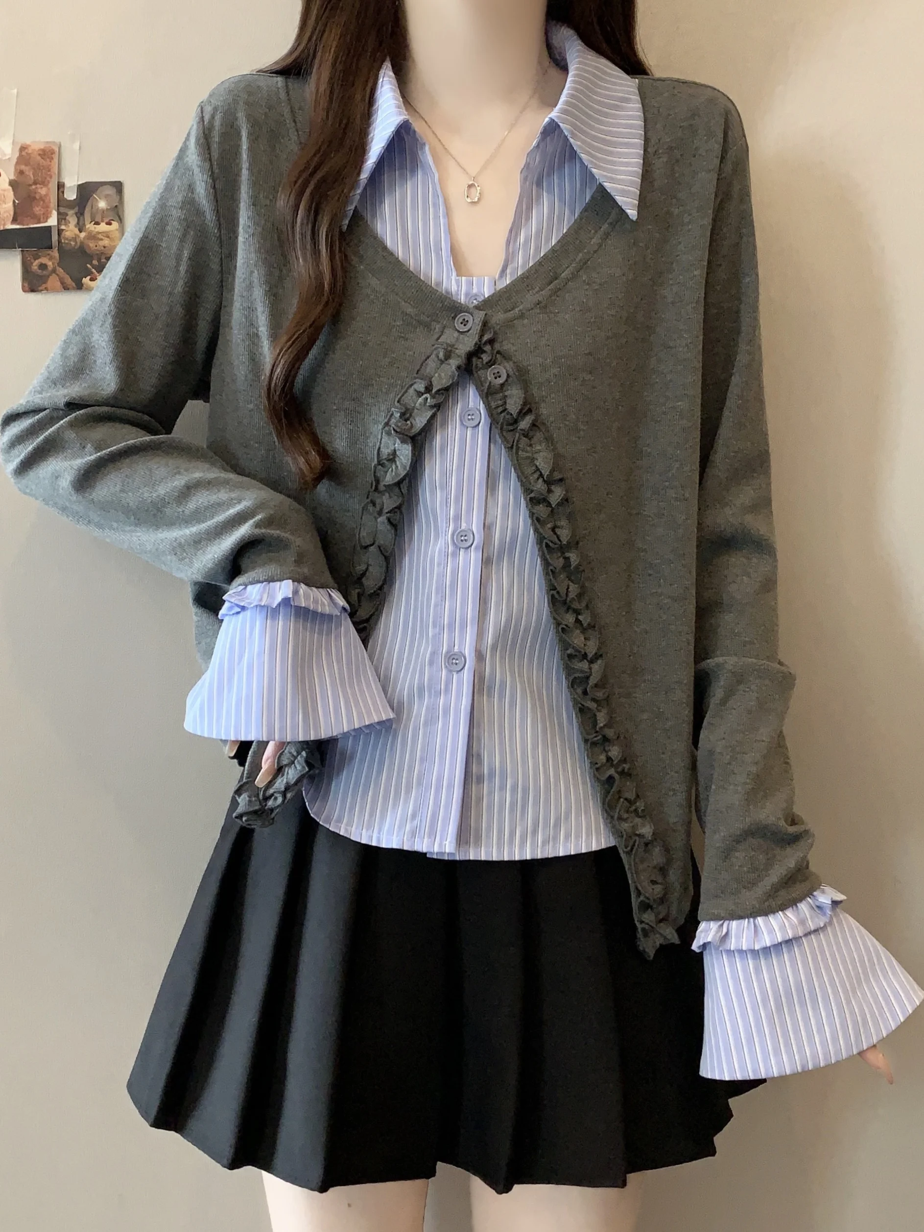 

plus Size Slimming Striped Long Sleeve T-Shirt Korean Style Commute Fashion Loose Fit Puffy Sleeve Design Autumn New Arr...