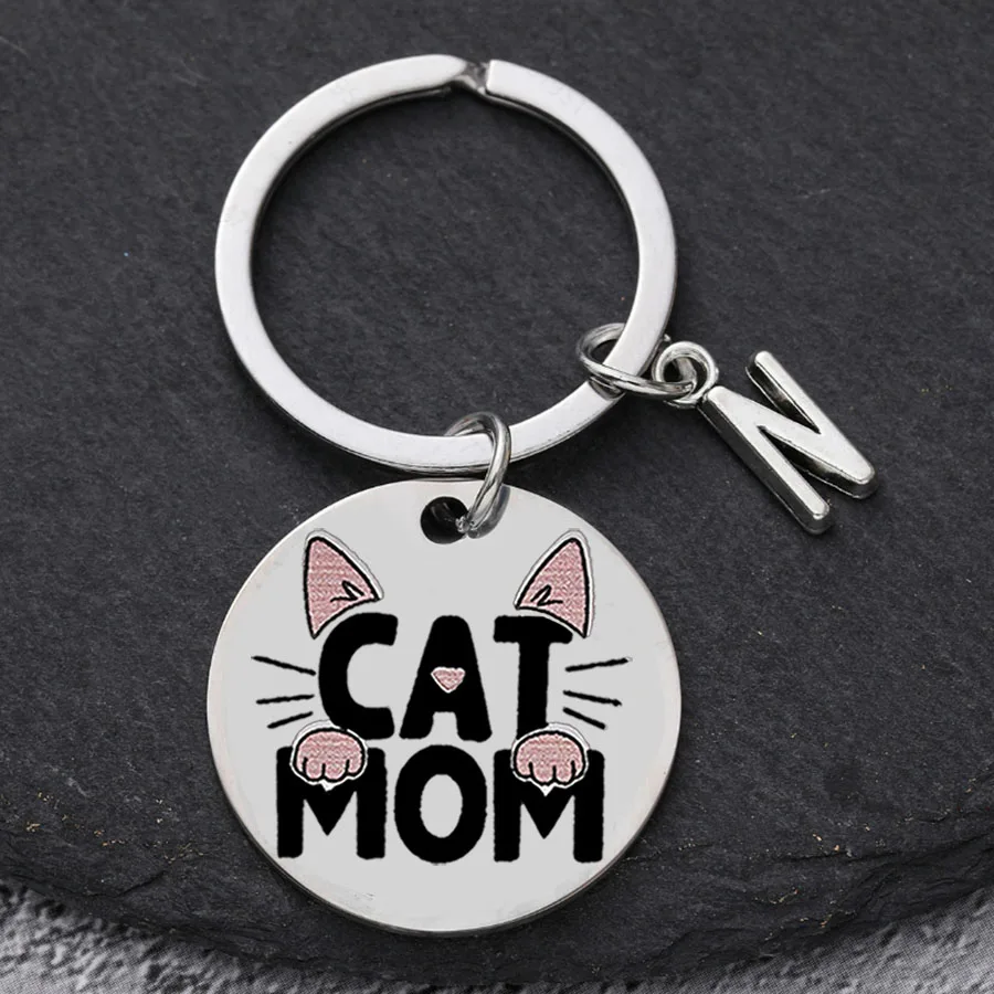 سلسلة مفاتيح من الفولاذ المقاوم للصدأ على شكل قطة أمي - حلقة مفاتيح للسيدات ذات طابع كرتوني مستدير مع مشبك حلقي، مثالية لعيد الأم #4