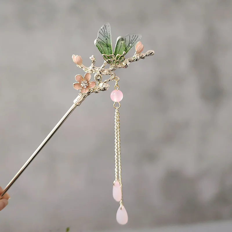 

Elegant Green Butterfly Hair Sticks Pink Flower Hair Clips Tassel Beads Headpieces Chinese Style Hairpins Women Hair Bun Maker