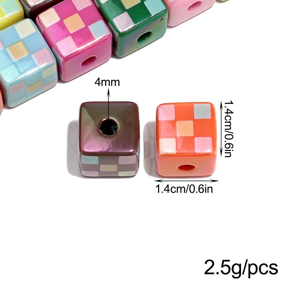 10Pcs Colorful Plaid Acrylic Print 14mm Square Loose Spacer Beads for DIY Christmas Jewelry Keychain Craft Ornament Accessories