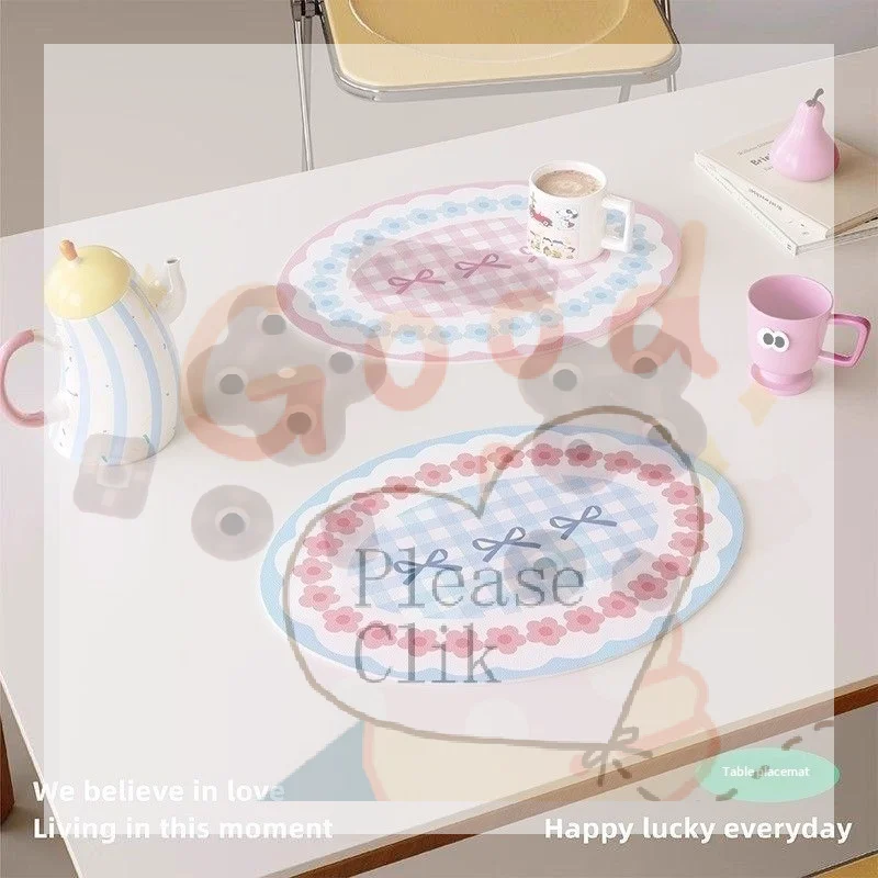 1Pcs INS Oil-Proof Waterproof PU Leather Dining Room Table Mats Cute Oval Heat Resistant Placemat Kitchen Tableware Bistro Bar