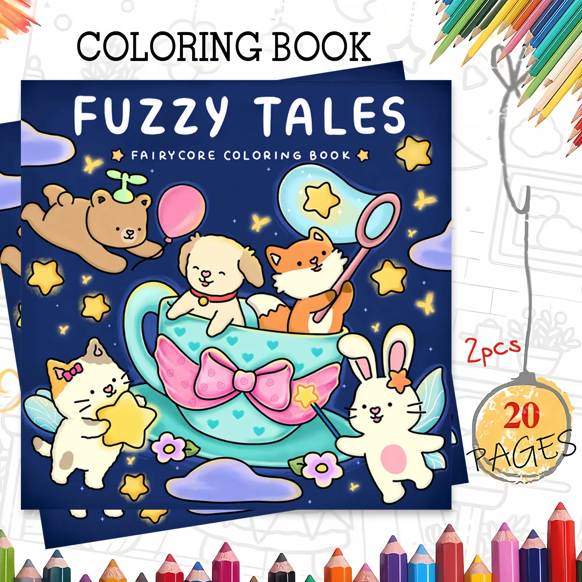 Fuzzy Tales Cute Furry Animal Coloring Book for Toddlers Kids Ages 3-10, Big Bold Line Kawaii Cat Dog Rabbit Magical Fairy Tale Fantasy Educational Drawing Activity Book, Thick No Bleed Paper Preschool Fairy Tale Art Workbook