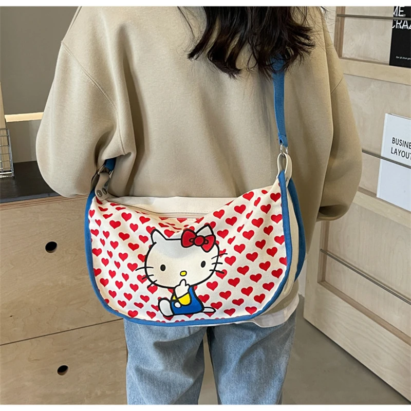 Miniso Kawaii Sanrio Hello Kitty Canvas Messenger Bag Cute Anime Cartoon Handbag Good-looking Purses Girl&Child Holiday Gifts