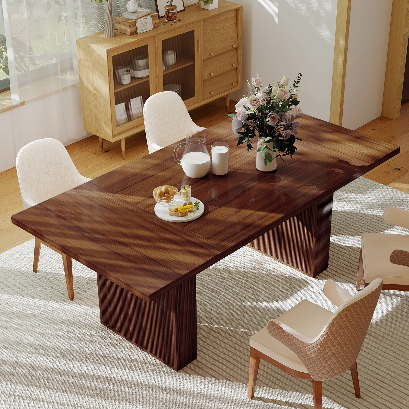 xx-Rectangular Solid Wood Handmade Dining Table For 2 People Modern Farmhouse Design Grooved Wood-Strip Base Workshop Furniture^