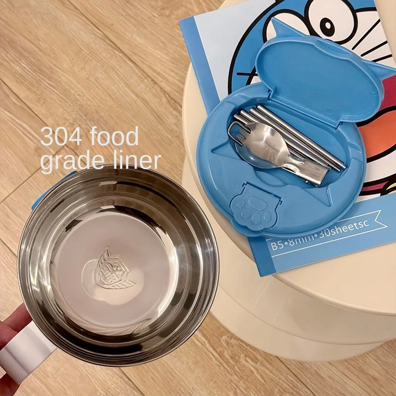 Anime Doraemon Cute 304 Stainless Steel Drip Water Noodles Bowl Lunch Box Insulated Bowl Student Dormitory Rice Dish Set