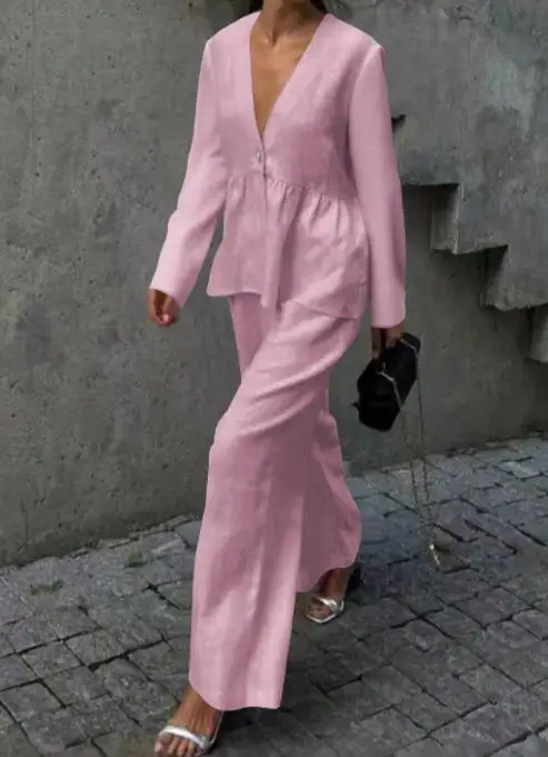 

Korean Urban Solid Color Women's Pant Set V-Neck Long Sleeve A-Line Top High Waist Wide Leg Casual Cotton Linen Pants Outfit