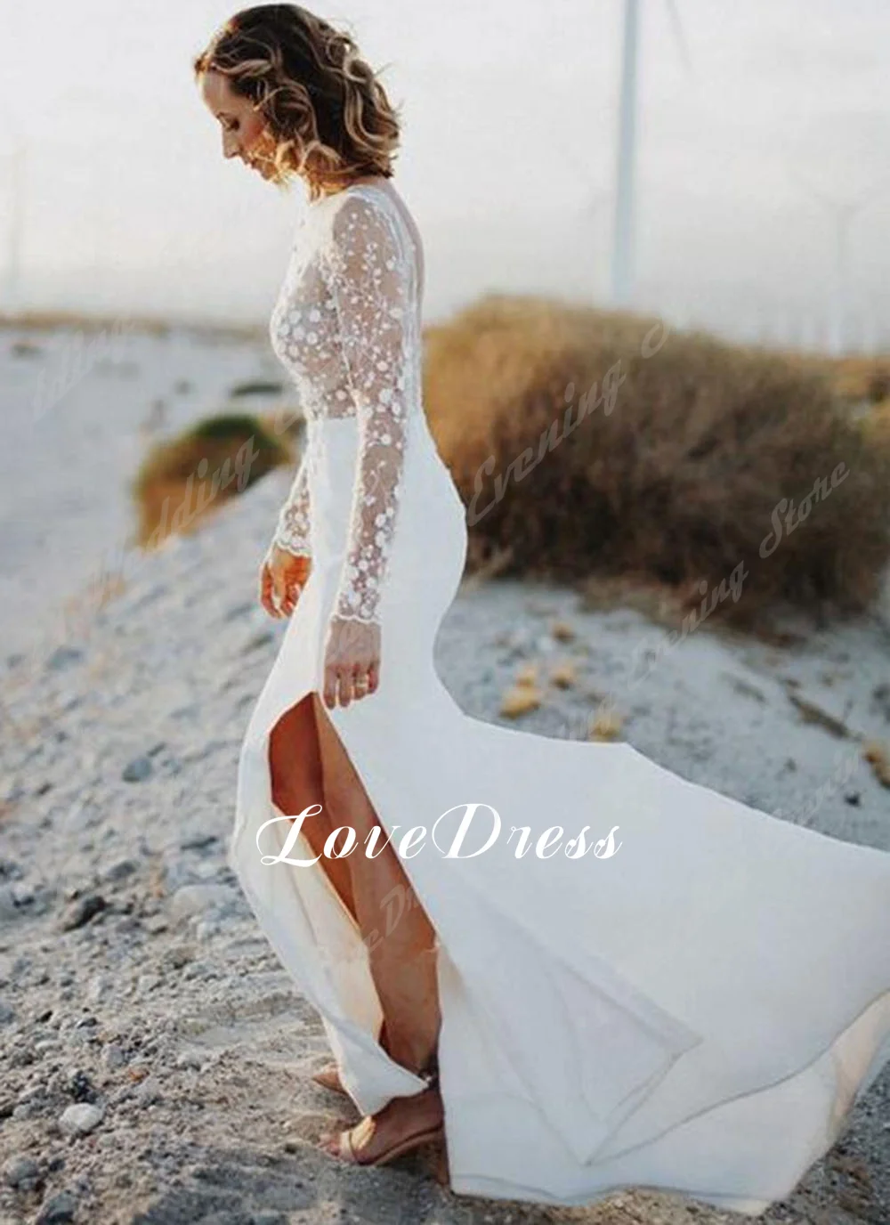 LoveDress-vestido De novia De sirena con cuello redondo para mujer, traje De manga larga con Apliques De encaje divididos, Sexy