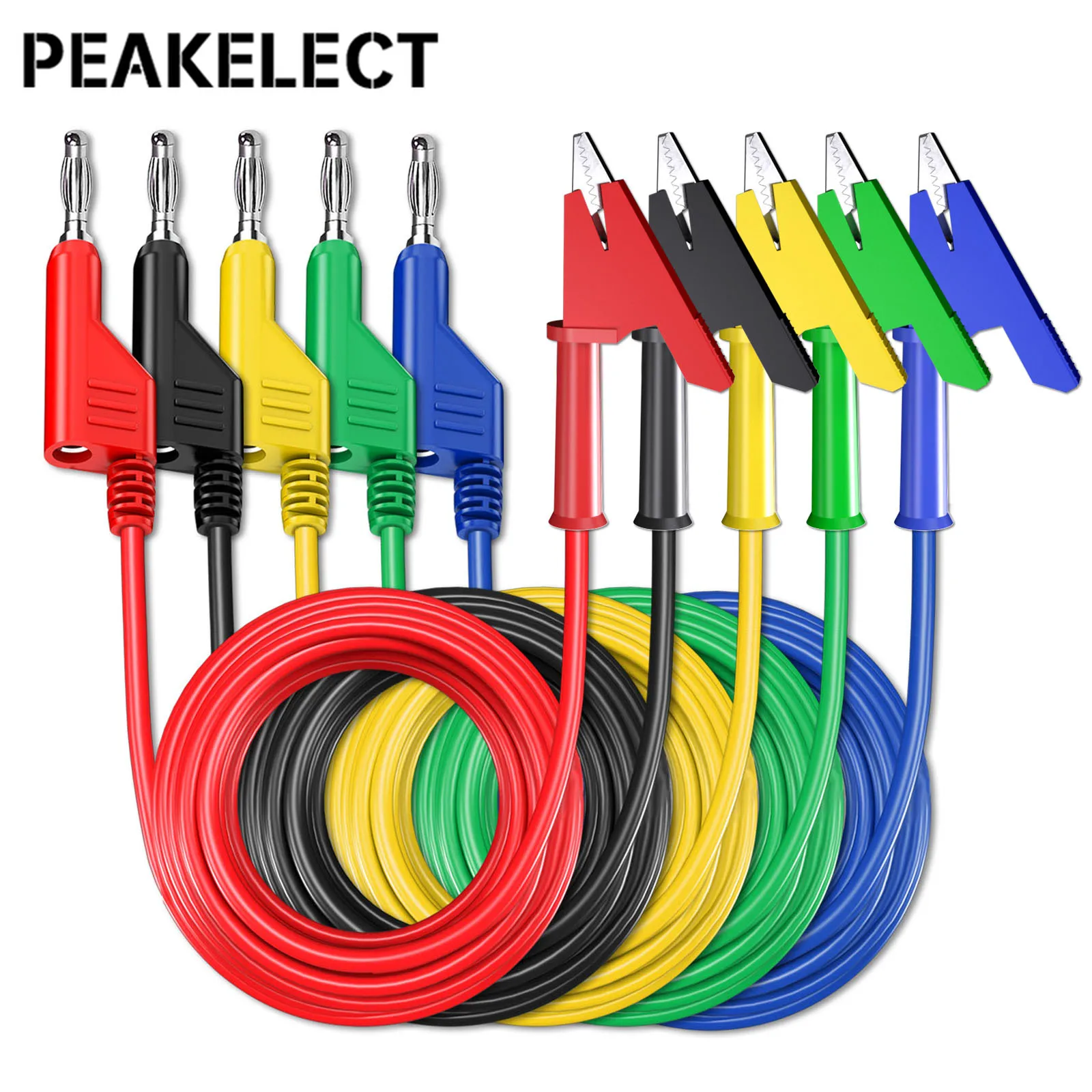 

PEAKELECT P1037 5PCS 4mm Banana Plug To Alligator Clip Test Leads Kit Crocodile Clamps Multimeter Cable 1M Wire 1000V/15A