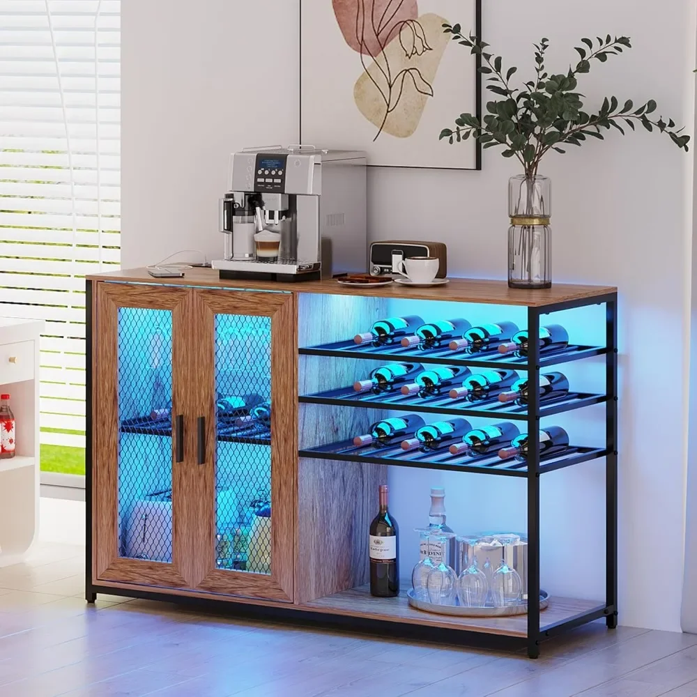 

Wine Bar Cabinet with LED Power Outlet, Kitchen Coffee Bar Cabinet with Wine Rack and Glass Holder