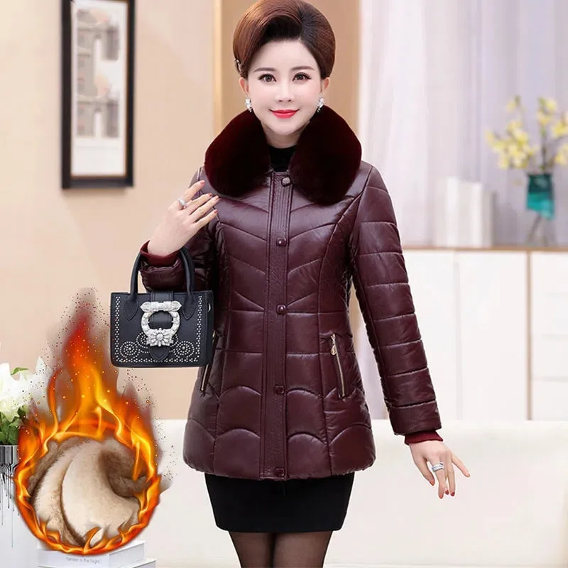 Middle-aged Women PU Leather Jacket 2022New Winter Jacket Add Velvet Keep Warm Cotton Parkas Female Mother Faux Leather Coat 5XL