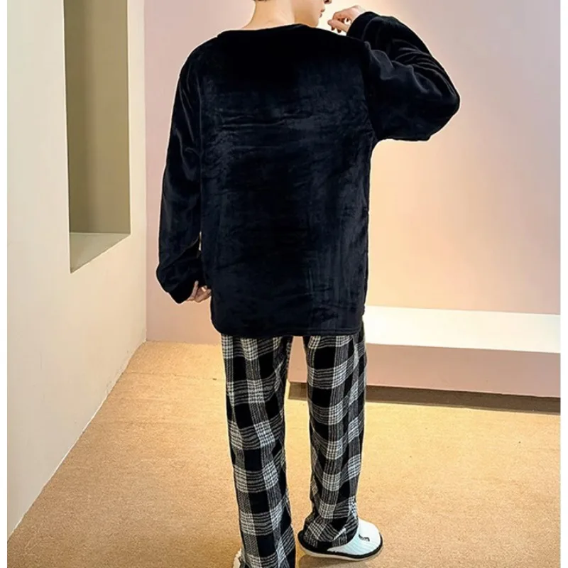 الرجال حجم كبير منامة المرجان المخملية الجولة الرقبة البلوز كم طويل بنطلون سهلة غسل في سن المراهقة منامة منقوشة بنطلون قطعتين قبالة