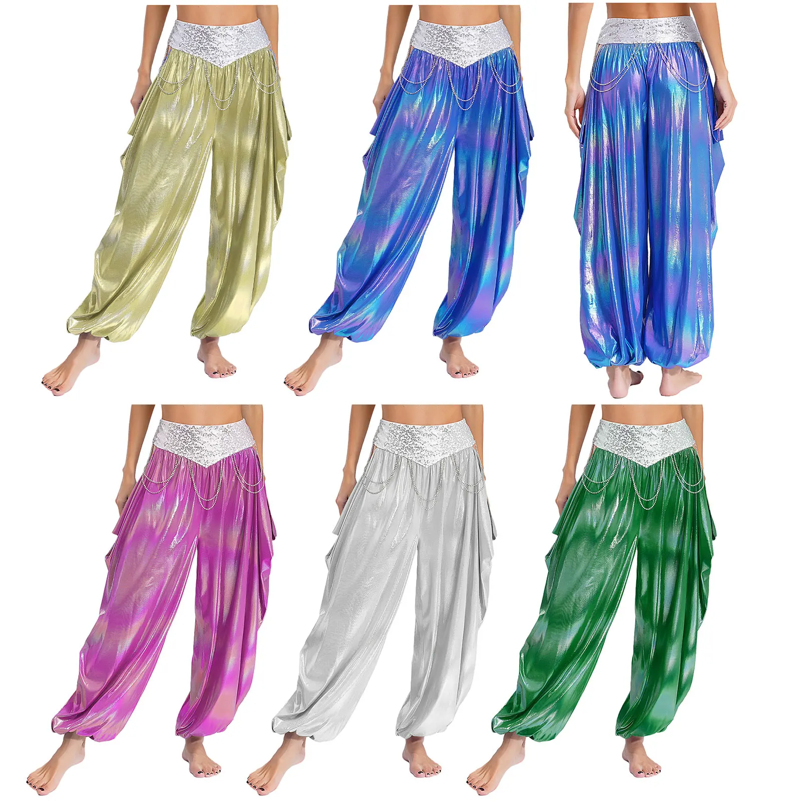 

Women Belly Dance Pants Trousers Sequins Waistband Rhinestone Chains Cutout Loose Bloomers for Halloween Theme Party Performance
