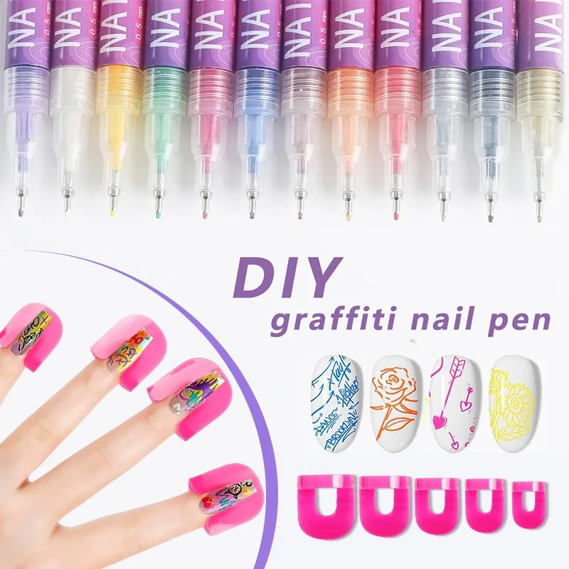 1Set 12 Kleuren Nail Art Pen Waterdichte Verf Pen & 26 stks/set 10 Maten G Curve Vorm Vernis schild Nail Protector Nail Art Gereedschap
