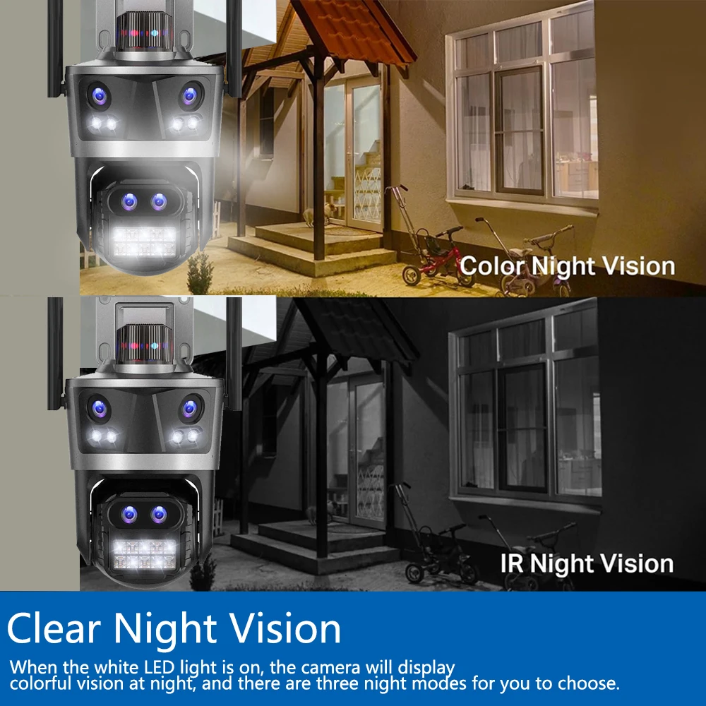 16MP 8K WiFi IP Camera Outdoor 8x PTZ Zoom Four Lens Three Screen 360° AI Auto Tracking Home Security CCTV Surveillance Camera