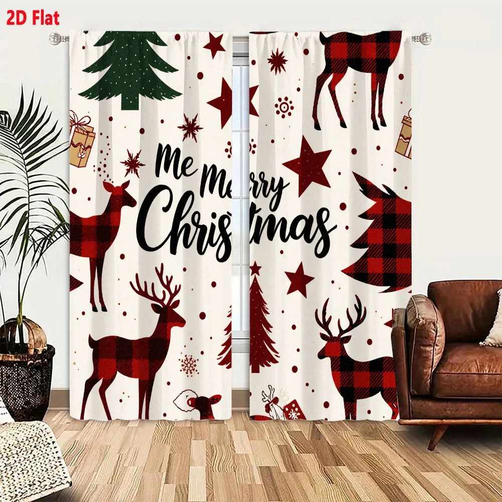 2Pcs Curtains 2D Flat Merry Christmas Pattern Festive Red Black Plaid Elements Reindeer Christmas Trees Gift Boxes Stars Snowfla