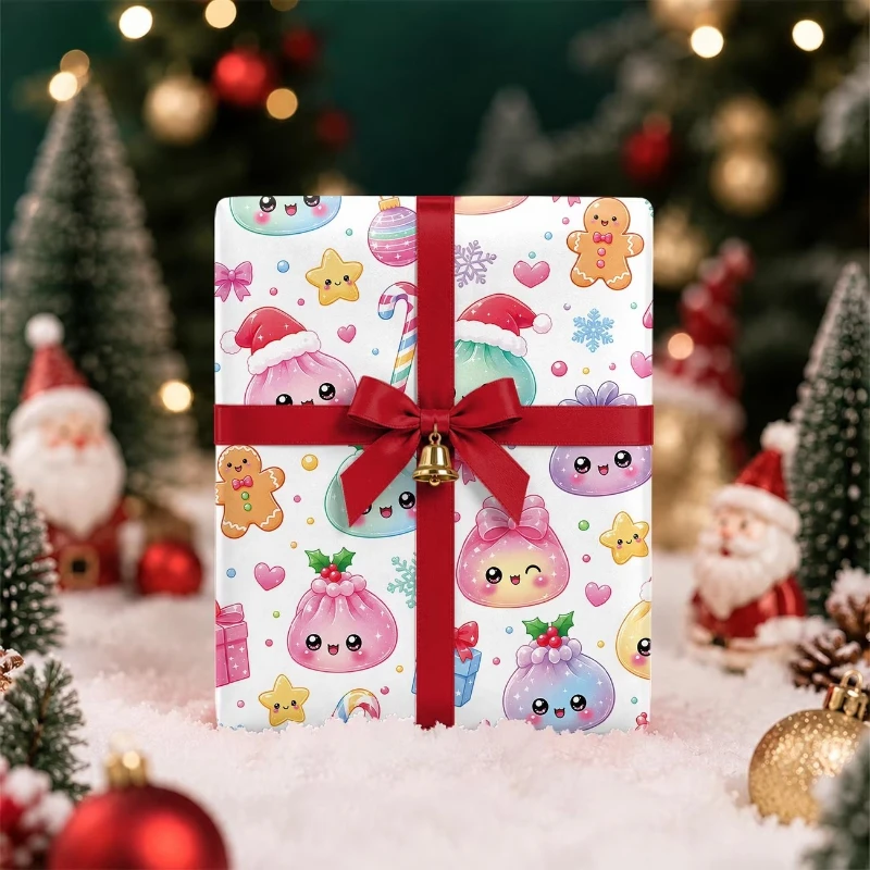 43cm*3M/Roll Christmas Dumplings Wrapping Paper Cartoon Elk CandyCane Pastel Gift Wrap for Party Xmas Gift Packaging Paperdecor