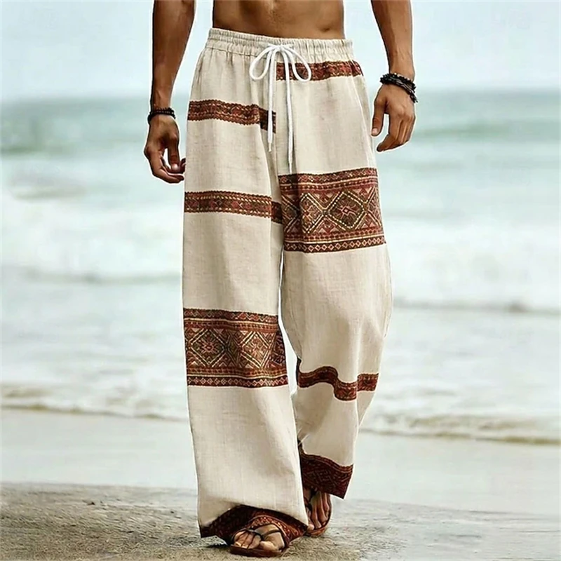 Men's Beige Bohemian-Style Drawstring Wide-Leg Pants Casual Loose-Fit Pants Perfect for Everyday Wear and Beach Vacations