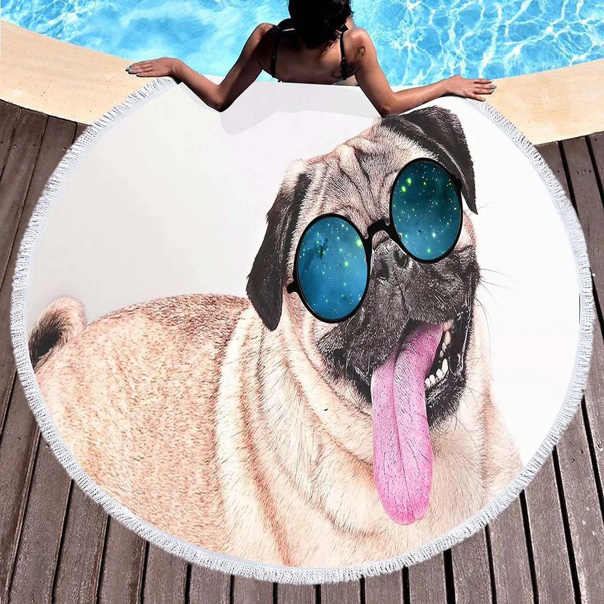 Pug Beach Towel Ugly Cute Dog Tilted Head Hanging Out Decorative Beach Round Towel Blanket Multi-purpose Absorbent Bath Towel