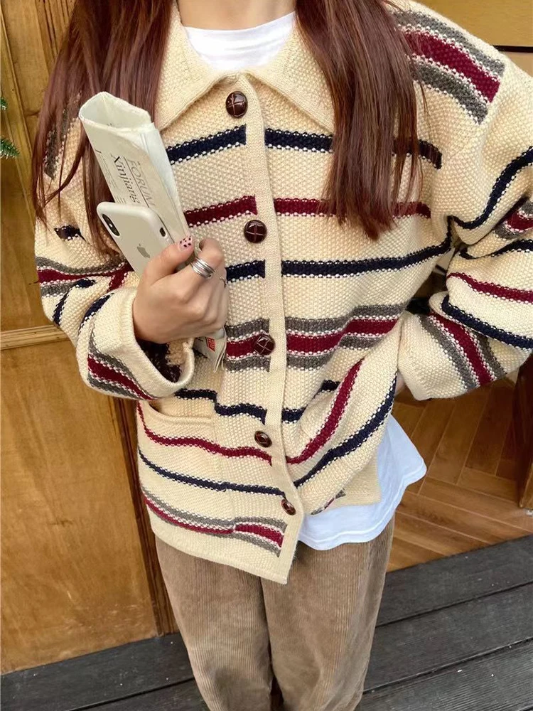 Zoki Women Design Cardigan a righe cappotto High Street Koren maglione lavorato a maglia allentato Lazy Wind Fashion Turn Down Collar Buttons Tops