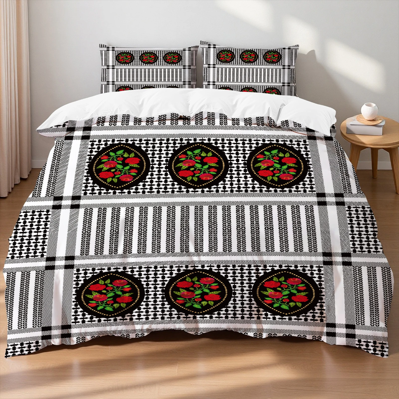 

Комплект постельного белья в черно-белую клетку с цветочной вышивкой в традиционном этническом стиле: пододеяльник и наволочки, дышащий, для дома и спальни